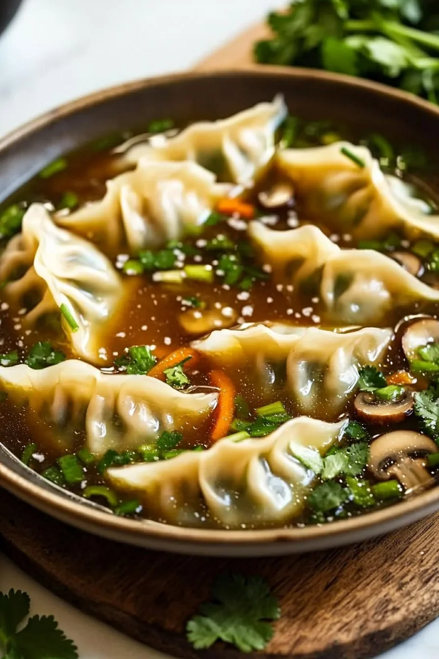 Delicious bowl of Thai Potsticker Soup with dumplings and fresh herbs