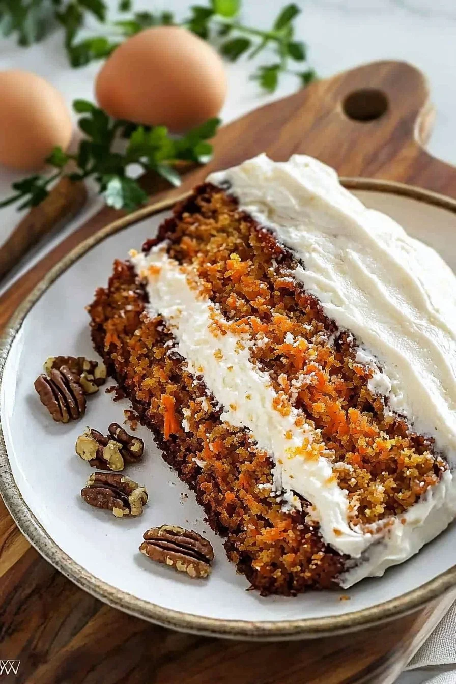 Delicious slice of homemade carrot cake topped with cream cheese frosting