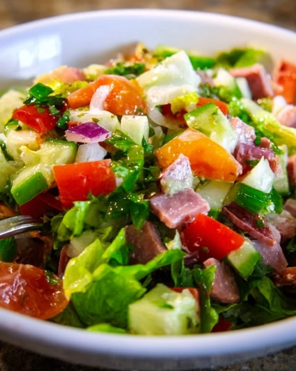 Freshly made chopped garden salad with vibrant vegetables and toppings.