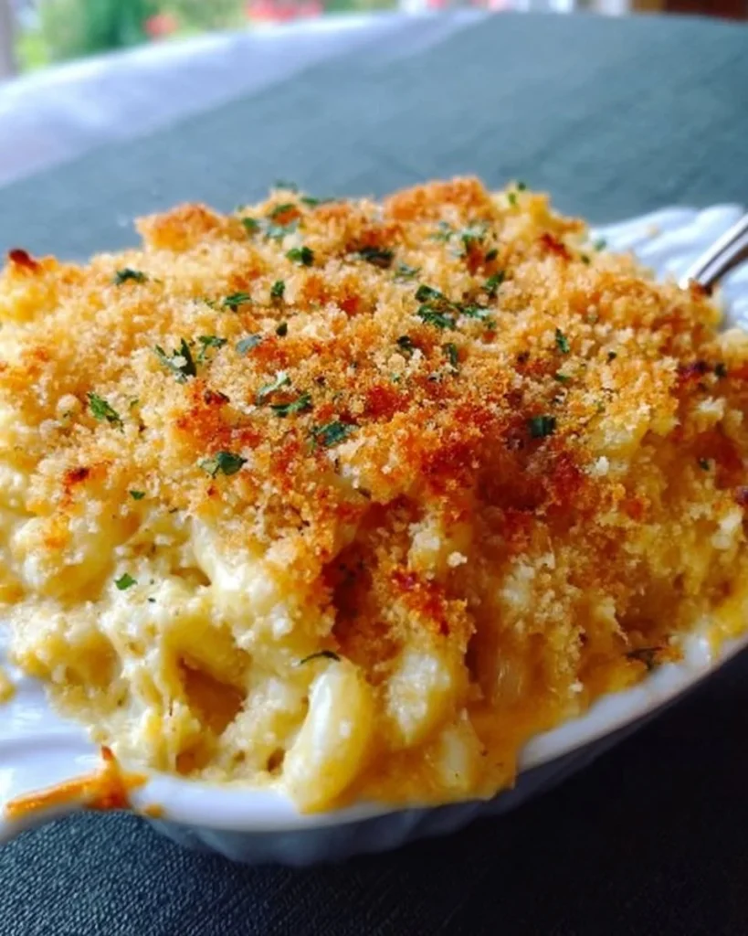 Delicious homemade baked mac and cheese in a cheesy topping