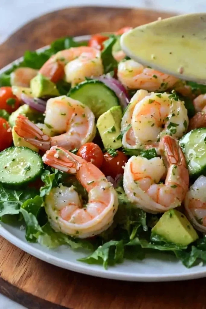 Delicious shrimp salad topped with fresh vegetables and herbs.