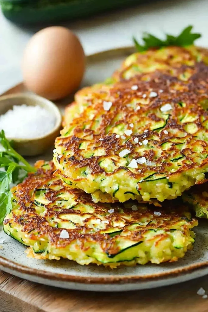 Crispy and golden brown zucchini fritters served on a plate