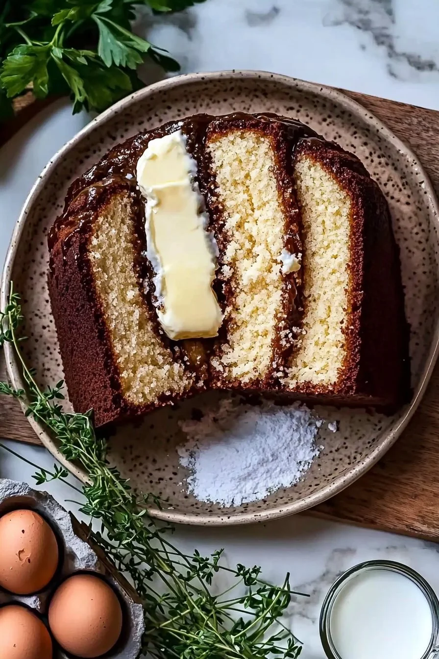 Three Layer Pound Cake with rich frosting and decorative sprinkles.