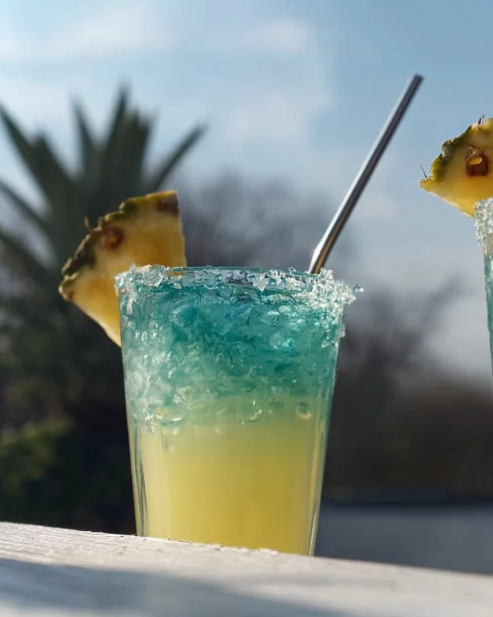 Delicious Tropical Lemon Pineapple Drink garnished with fresh fruit