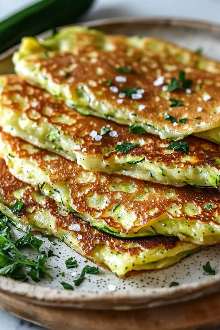 Plate of ultra soft zucchini pancakes topped with fresh herbs