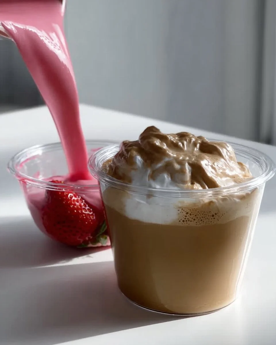 Delicious whipped strawberry coffee topped with fresh strawberries and cream
