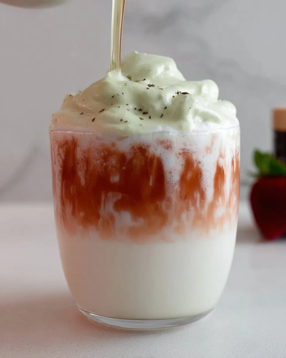 A delicious cup of Whipped Strawberry Coffee topped with whipped cream and fresh strawberries.