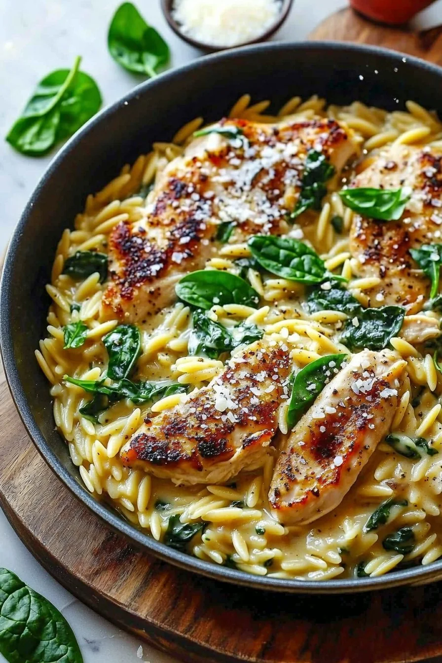 Creamy chicken orzo dish served in a bowl, garnished with herbs.