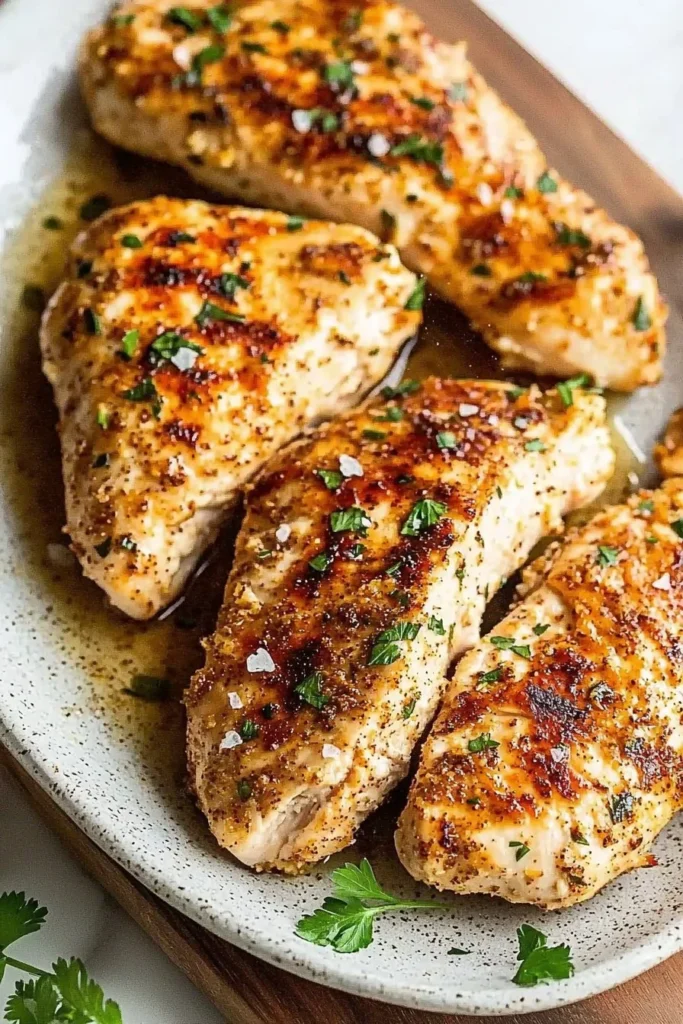 Juicy air fryer chicken breasts served on a plate with vegetables
