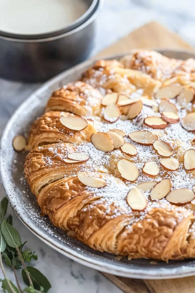 Delicious Almond Croissant Cake with almond flakes and frosting