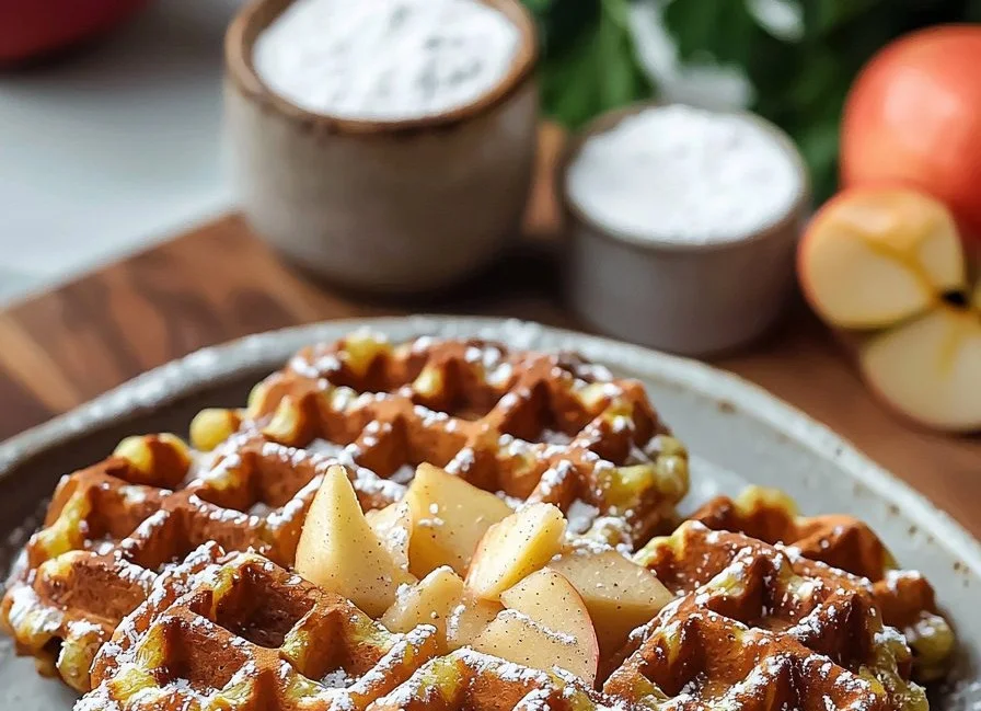 Delicious Apple Fritter Waffle Donuts served on a plate with a drizzle of icing.