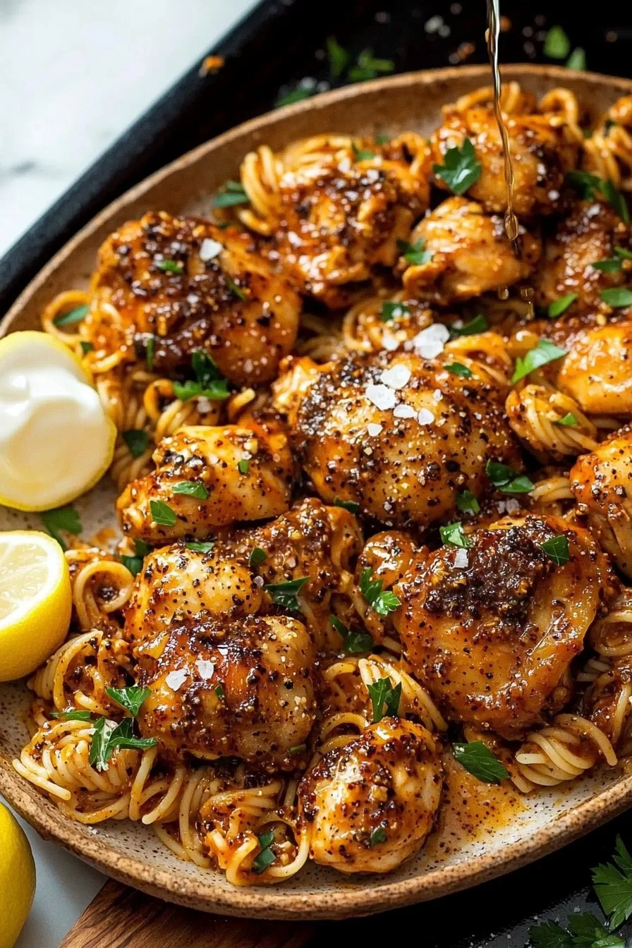 Bowl of authentic jerk chicken pasta with colorful vegetable toppings