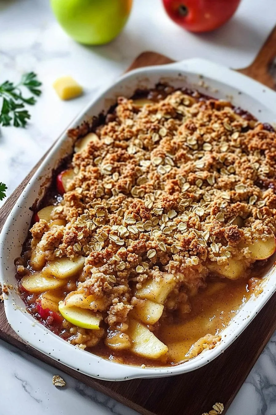Delicious baked apple crumble served in a dish, topped with a golden crust.
