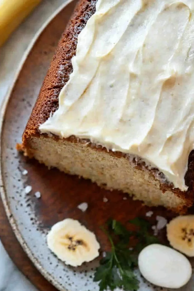 Slice of banana cake with vanilla frosting on a white plate