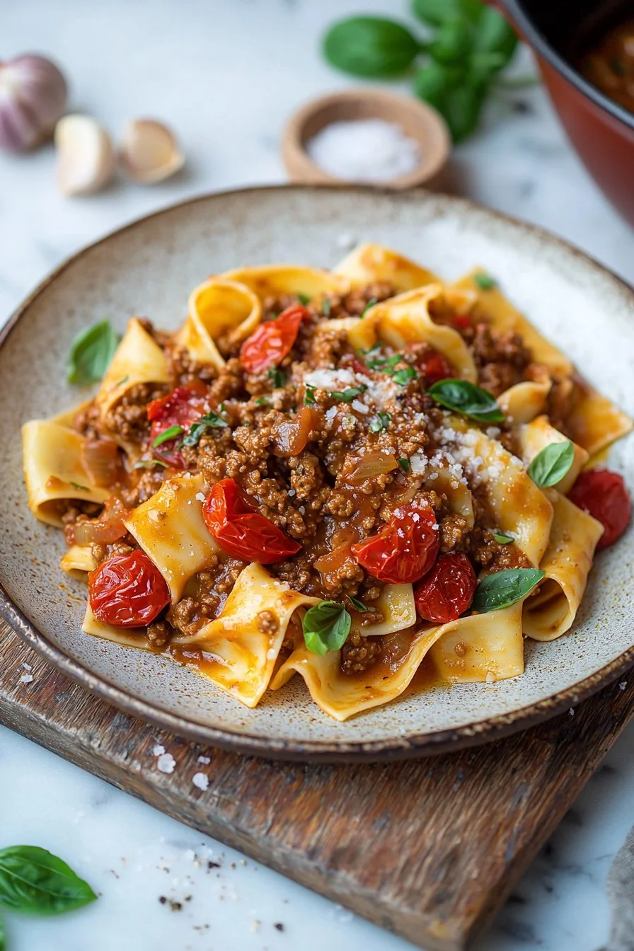 Delicious beef tomato sauce served over pappardelle pasta