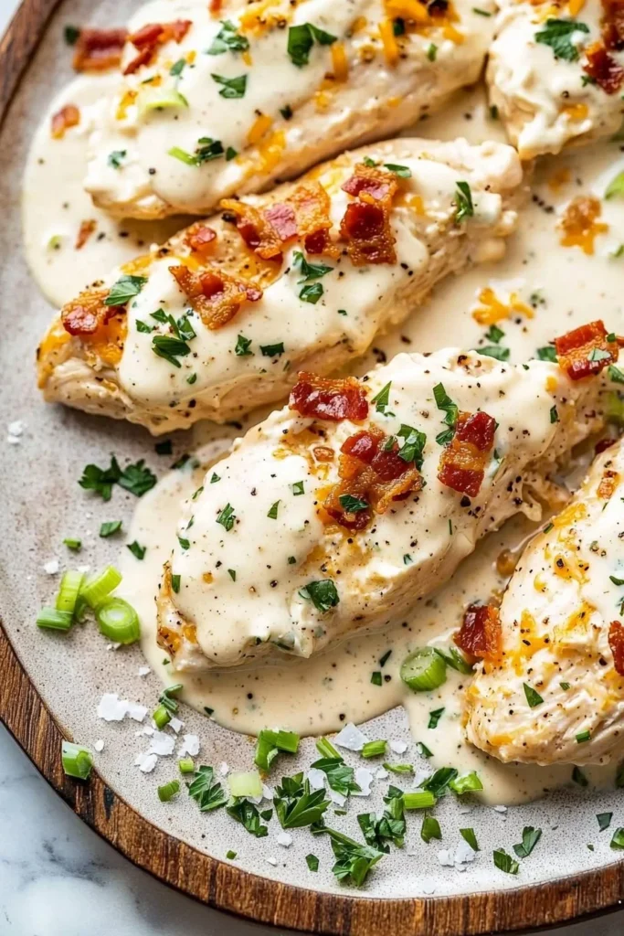 Delicious cream cheese chicken dish served on a plate with herbs