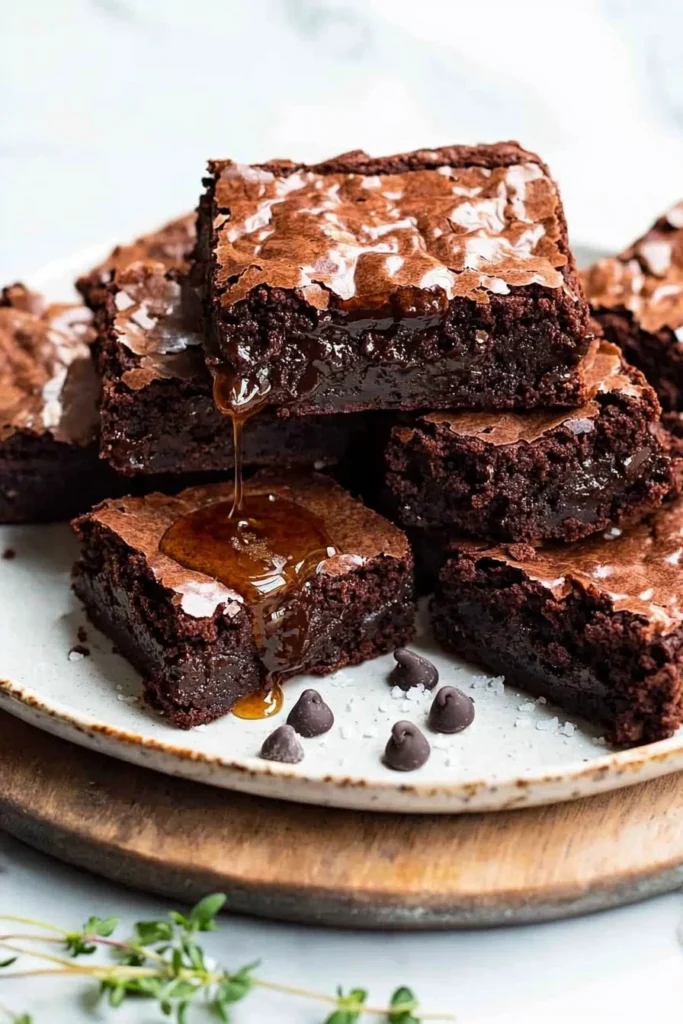 Delicious fudgy vegan brownies on a plate, showcasing rich chocolate texture.