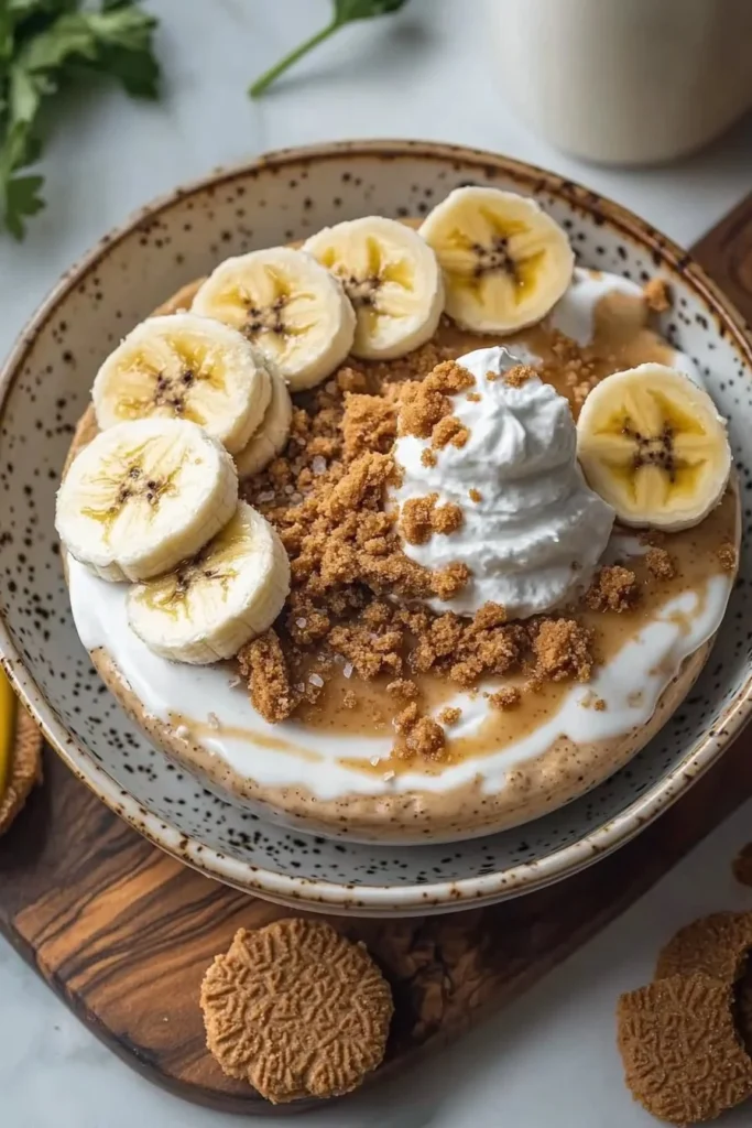 Delicious serving of Biscoff Banana Pudding in a glass dish