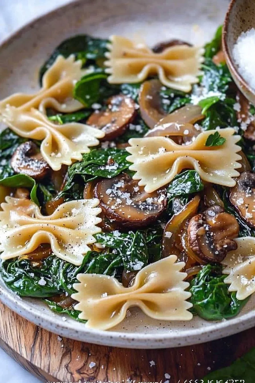 Bowl of bow tie pasta with spinach, mushrooms, and caramelized onions