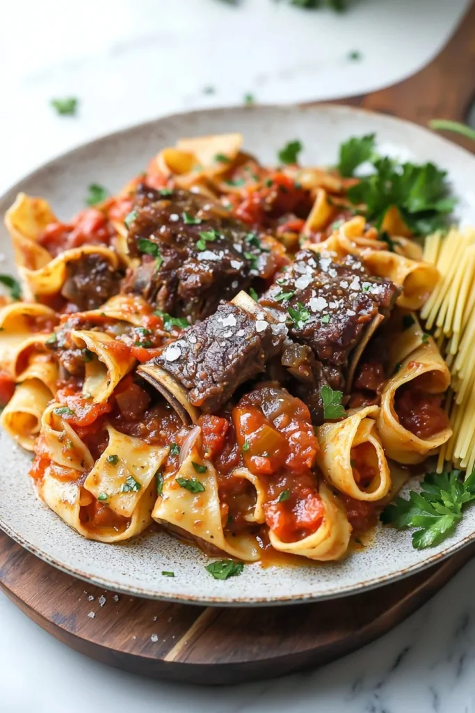 Braised short rib tomato pasta dish garnished with fresh herbs.