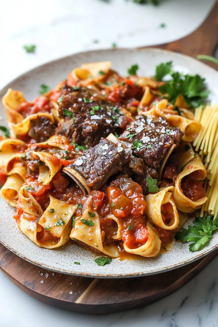 Braised short rib tomato pasta dish garnished with fresh herbs.