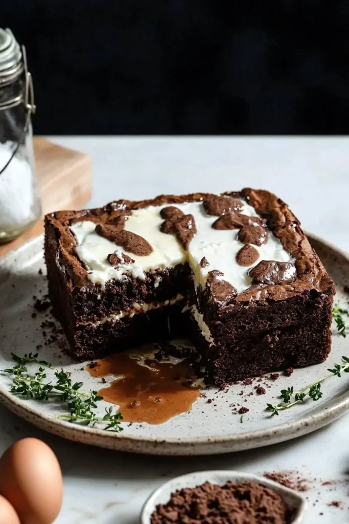Decadent brownie cake cut into slices, showcasing its rich chocolate texture