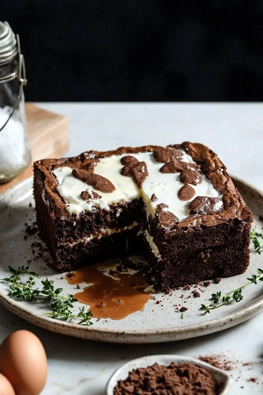 Decadent brownie cake cut into slices, showcasing its rich chocolate texture