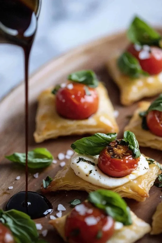 Caprese pastry bites with mozzarella, tomatoes, and basil on a platter
