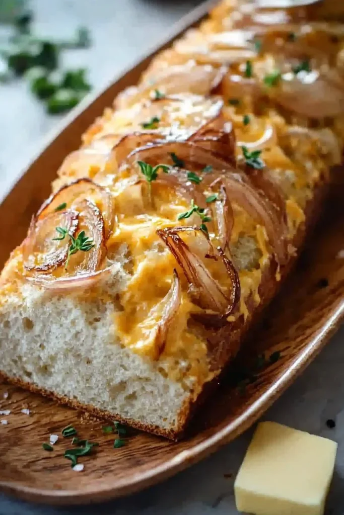 Delicious caramelized onion cheddar bread with a golden crust and rich flavors.