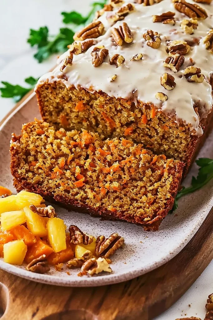 Moist and flavorful carrot cake loaf sliced and served on a plate