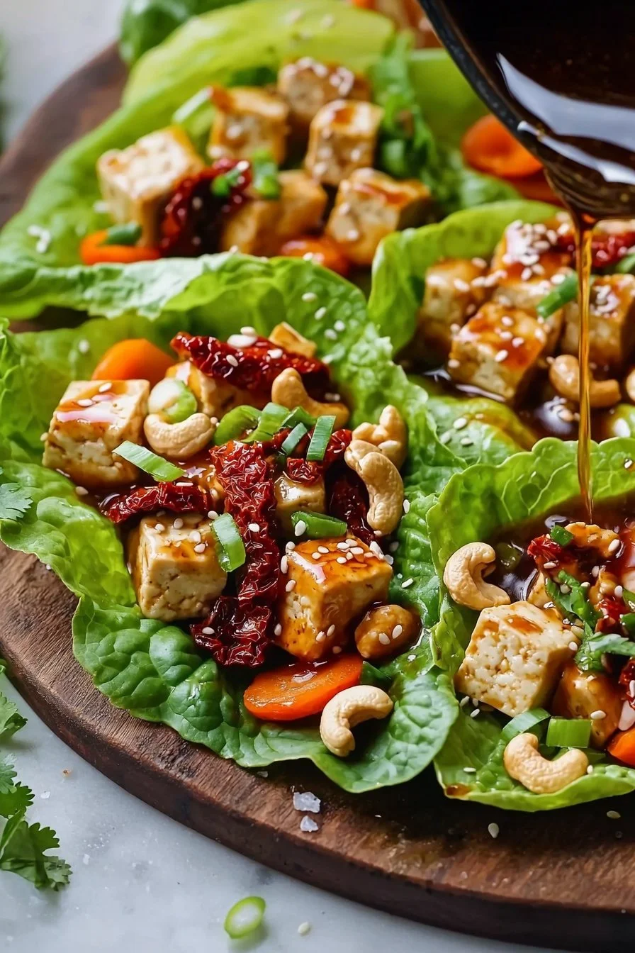 Delicious cashew tofu lettuce wraps served on a plate