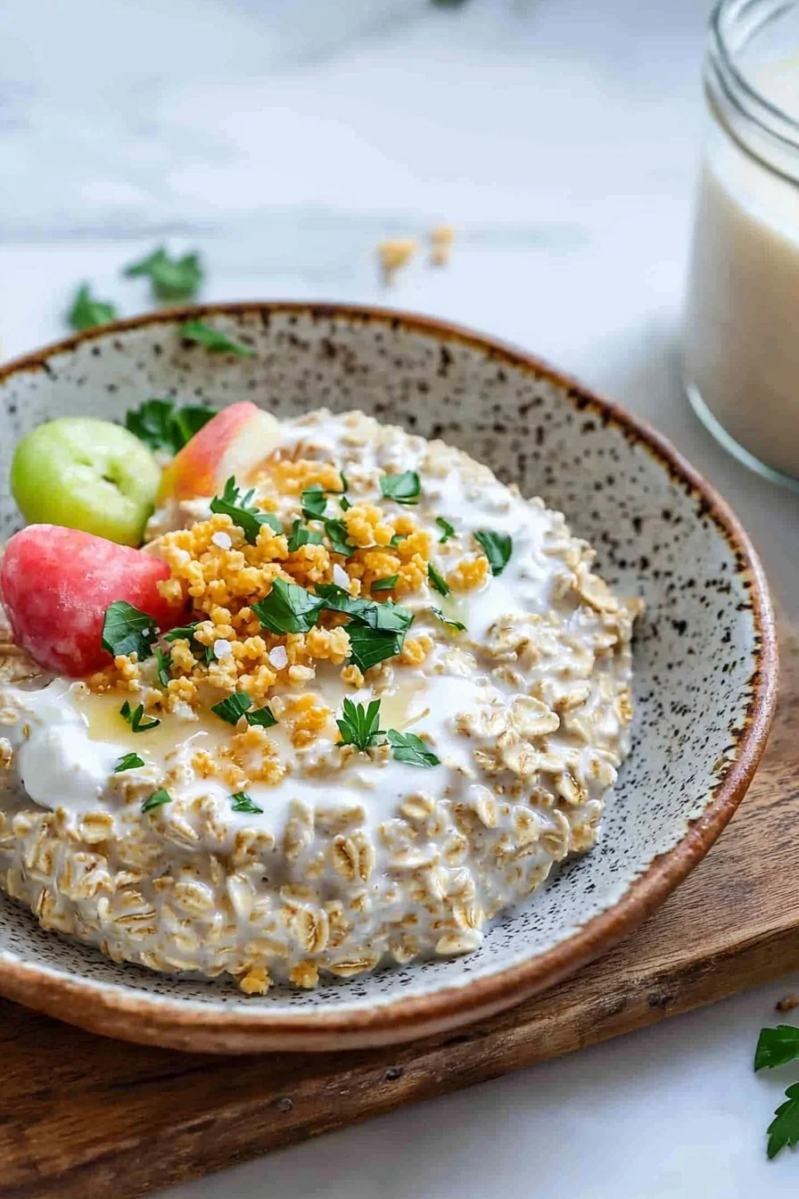 Delicious bowl of cereal milk overnight oats topped with fresh fruits and nuts