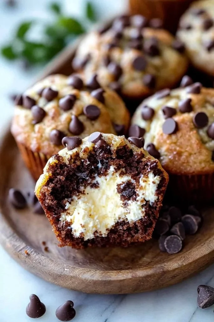 Delicious cheesecake chocolate chip muffins on a plate