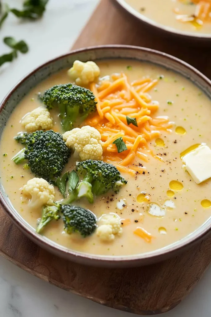 Bowl of cheesy broccoli cauliflower soup garnished with herbs