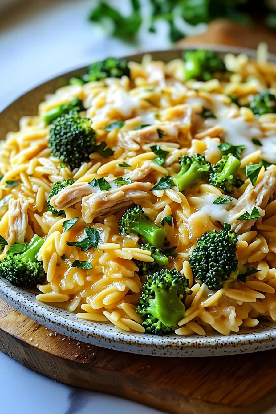 Delicious cheesy chicken broccoli orzo in a creamy sauce with vibrant vegetables
