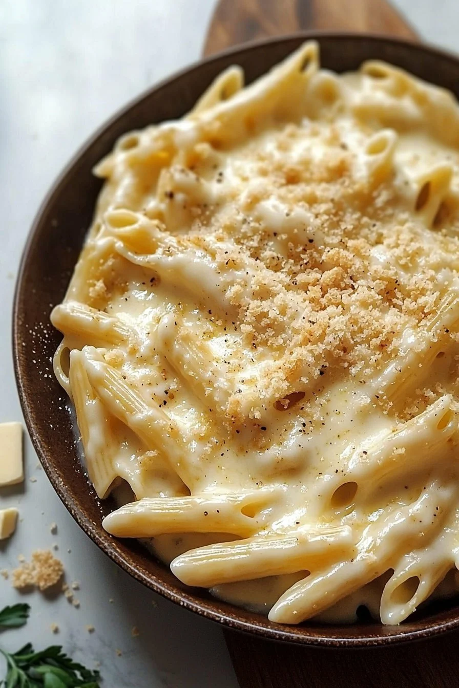 Cheesy white cheddar mozzarella pasta bake served in a dish