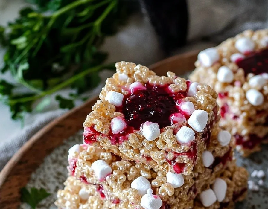 Delicious Cherry Rice Krispie Treats with a vibrant red cherry topping