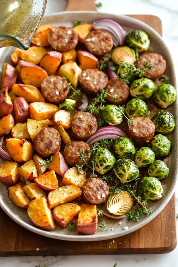Delicious Chicken Apple Sausage Sheet Pan Dinner with vegetables on a baking tray