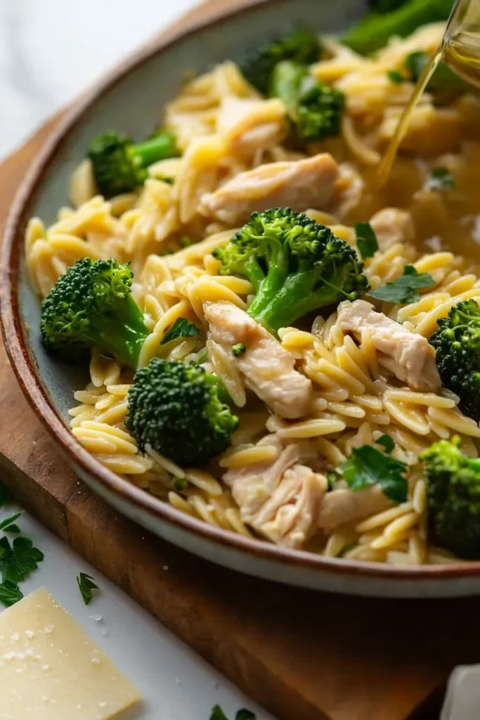 Delicious Chicken Broccoli Orzo served with fresh herbs