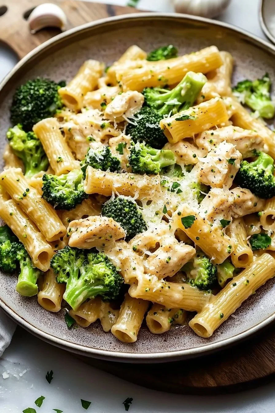 Creamy Chicken Broccoli Ziti served in a bowl, garnished with herbs