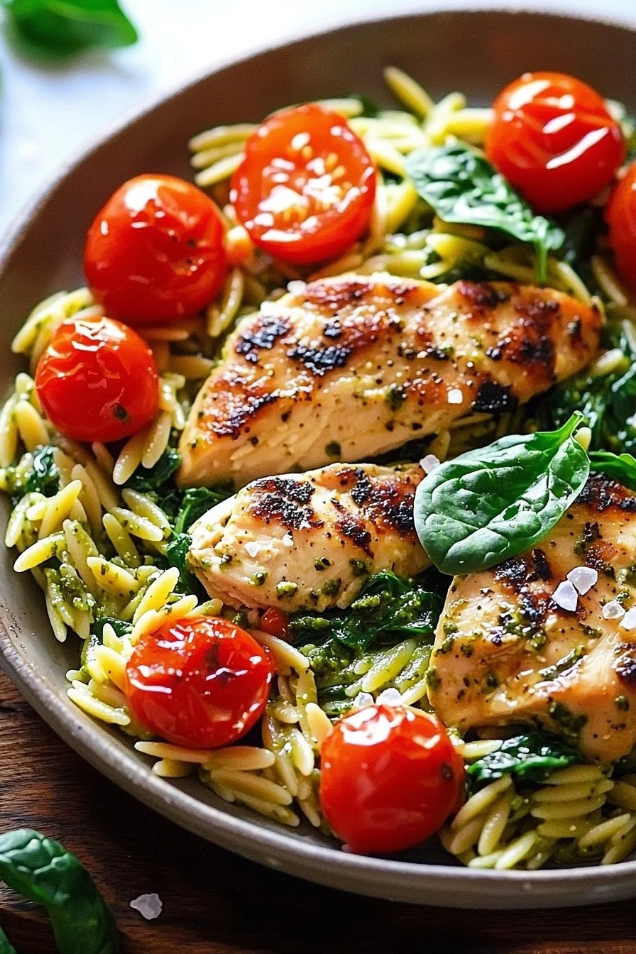 Chicken Orzo with Spinach, Cherry Tomatoes, and Basil Pesto