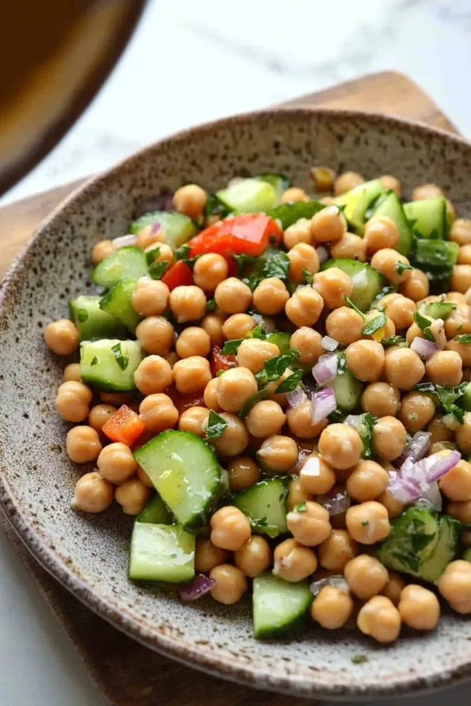 Colorful chickpea salad with fresh vegetables and herbs.