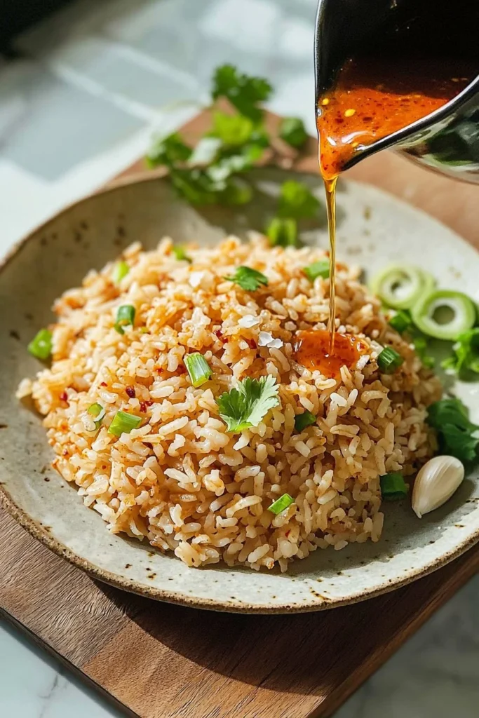 Delicious bowl of Chili Oil Fried Rice with vibrant colors and garnishes.