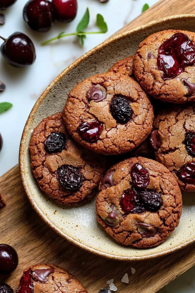 Plate of homemade Chocolate Cherry Cookies with chocolate chips and cherry pieces