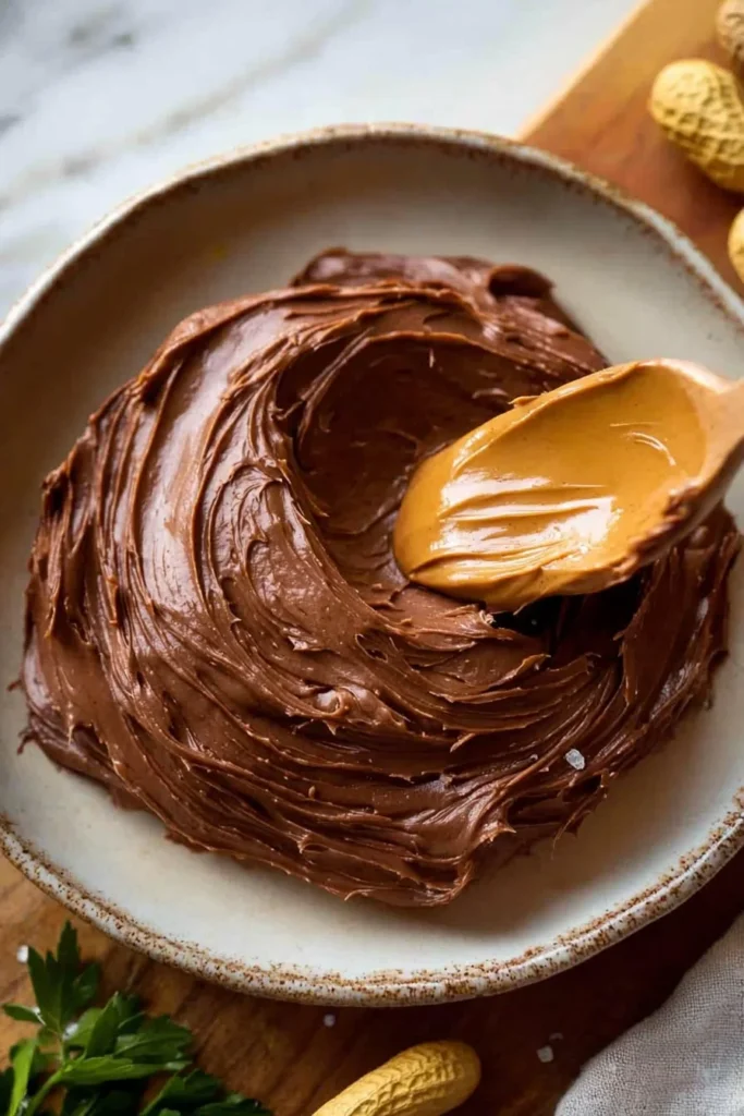 Delicious chocolate peanut butter frosting on a cake