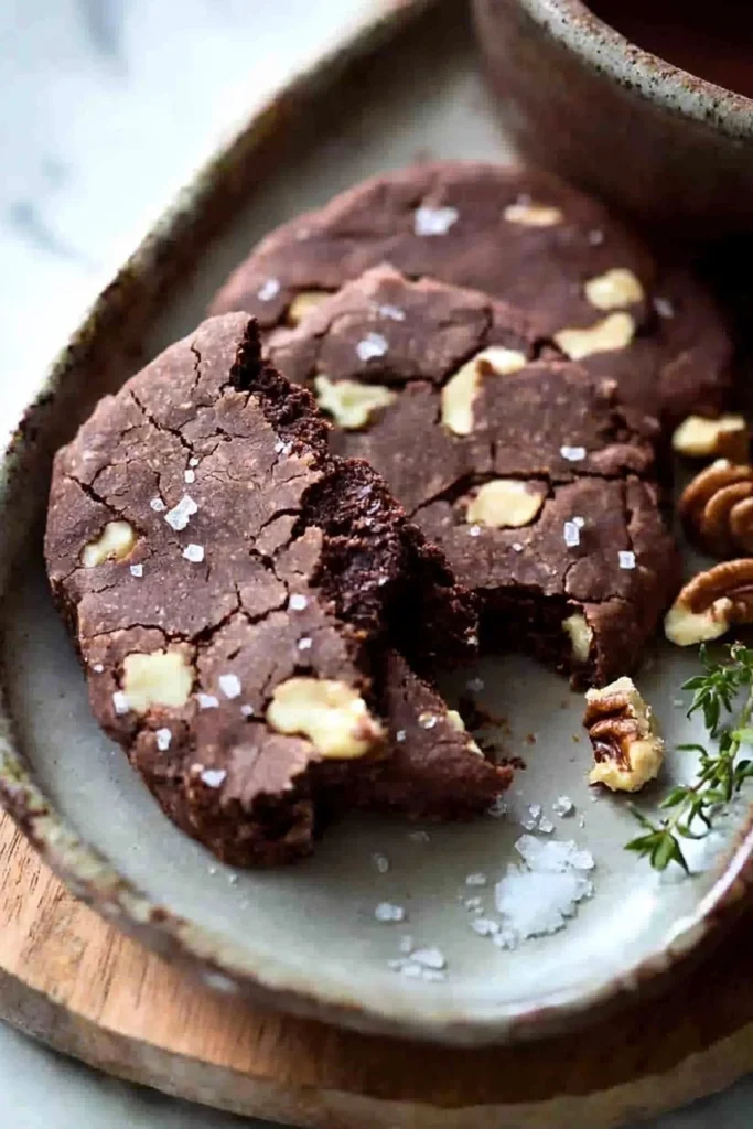 Delicious Chocolate Walnut Shortbread Cookies arranged on a plate.