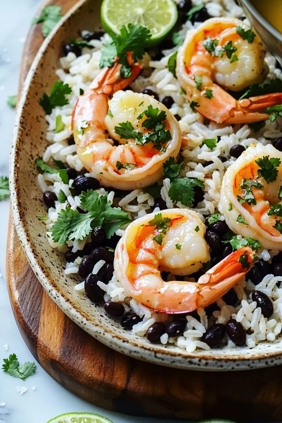 Cilantro-Lime and Black Beans Shrimp and Rice dish served in a bowl