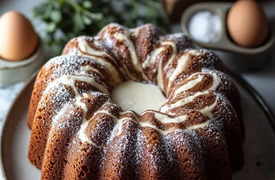 Cinnamon Swirl Sour Cream Bundt Cake on a decorative plate