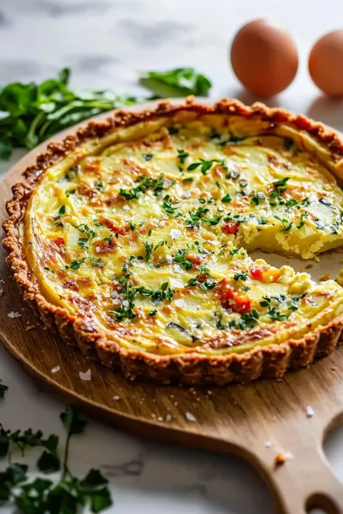 Classic Potato Crust Quiche served with fresh herbs and colorful vegetables.