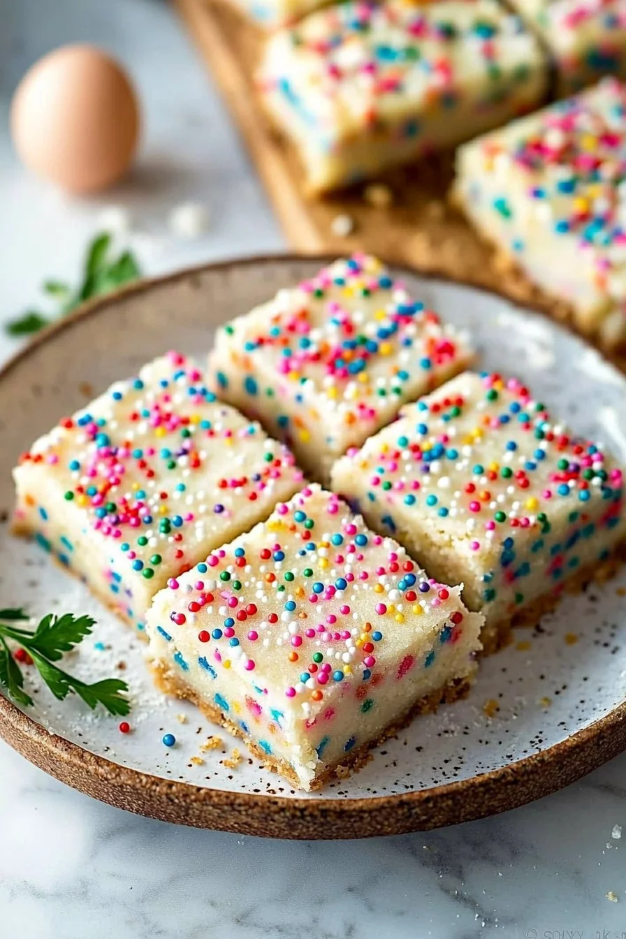 Vibrant and colorful sugar cookie bars with sprinkles on top